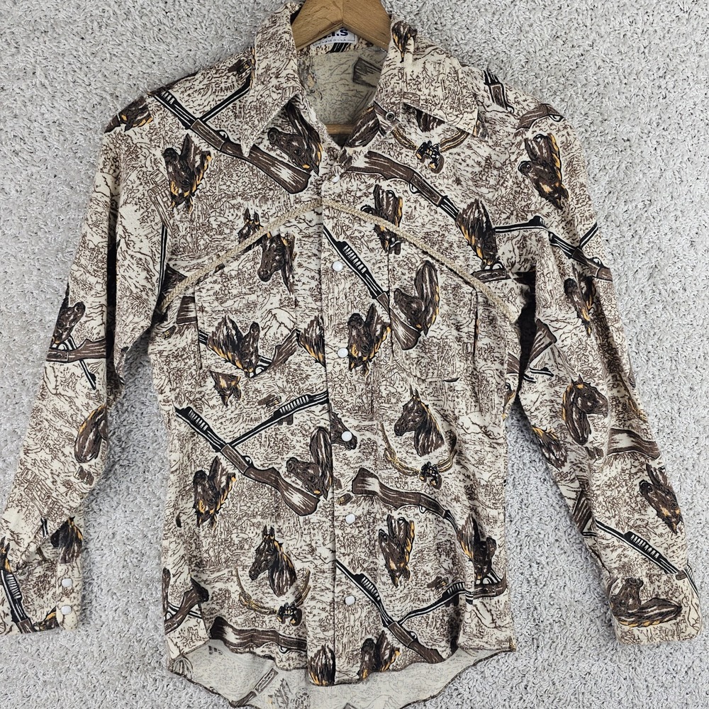Vtg h.i.s Western Horses Rifles All Over Print Pearl Snap Shirt Sz XS Womens S